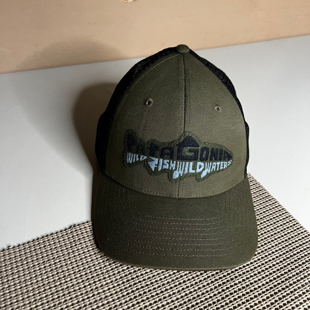 Patagonia‎ Wild Fish Wild Waters Trucker Hat Olive Green Black Mesh Snapback Cap
